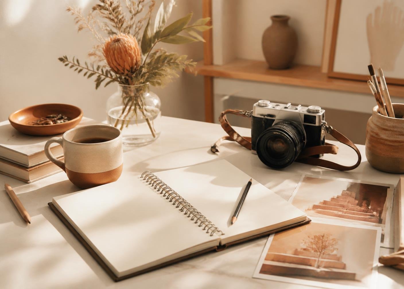 Cuaderno, cámara y materiales visuales sobre una mesa de trabajo
